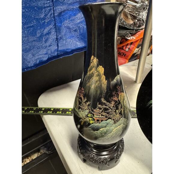 Vintage Fujian Lacquer Ware Asian Hand Painted Set 2 Vases 1 Plate In Box Papers - Picture 6 of 16